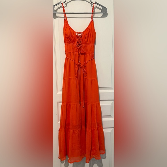 Sage+Paige Lace Up Bodice Changing Focus Tiered Midi Dress in Tangerine Chiffon - Picture 2 of 9